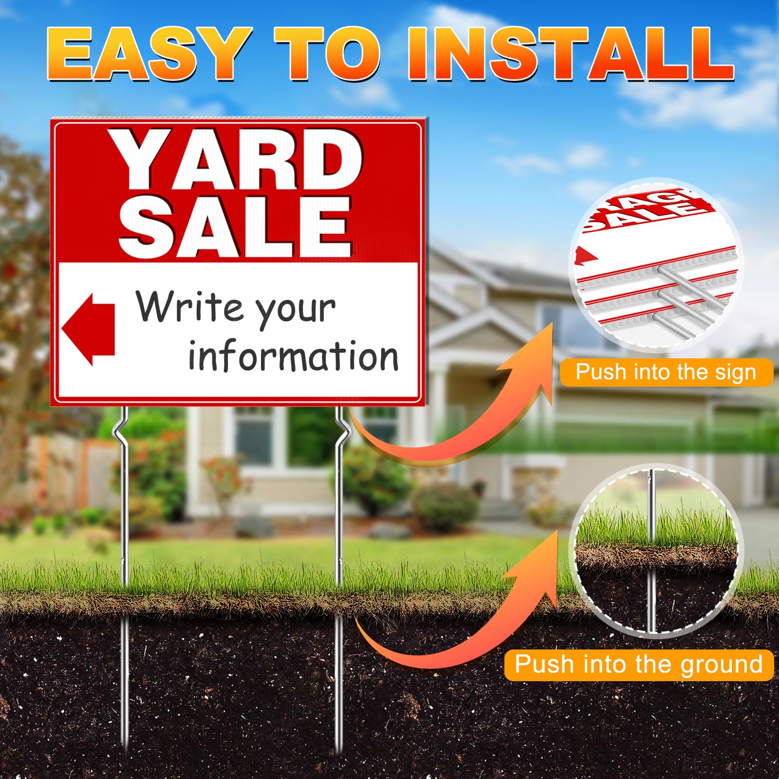 Remiawy Yard Sale Signs, 3 Pack Yard Signs with Metal Stakes, 17x13 Inch Double Sided Large Garage Sale Kit with Directional Arrows Stickers Weatherproof Corrugated Plastic for Event - Image 5